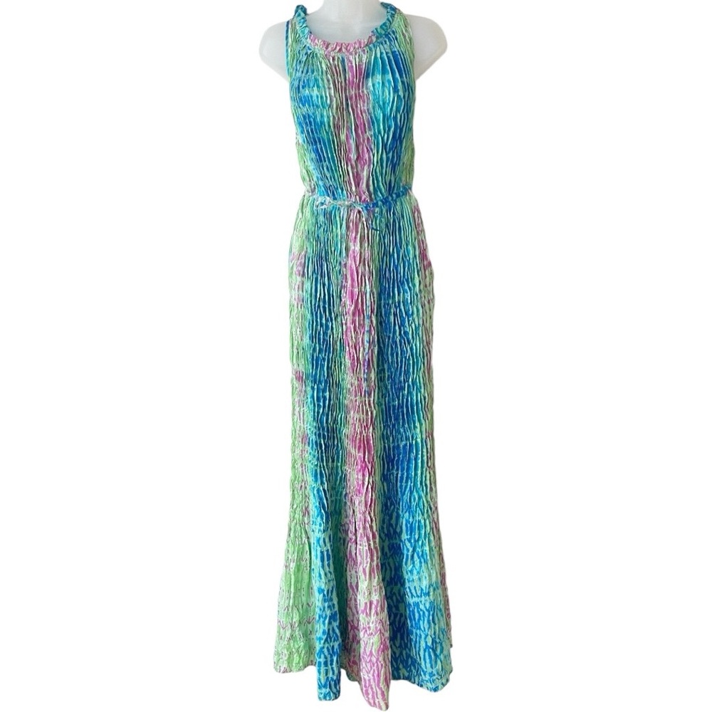 CALYPSO ST BARTH  100% Silk Pleated Maxi Dress Tie Dye Boho Blue Pink Green L - Picture 4 of 15
